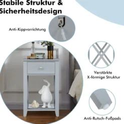 2er Set X-förmiger Nachttisch mit Schublade & Unterem Ablagefach Moderner Beistelltisch Grau