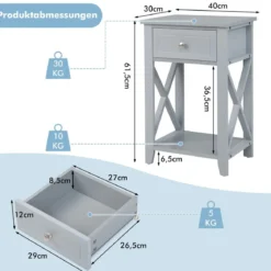 2er Set X-förmiger Nachttisch mit Schublade & Unterem Ablagefach Moderner Beistelltisch Grau