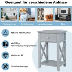 2er Set X-förmiger Nachttisch mit Schublade & Unterem Ablagefach Moderner Beistelltisch Grau