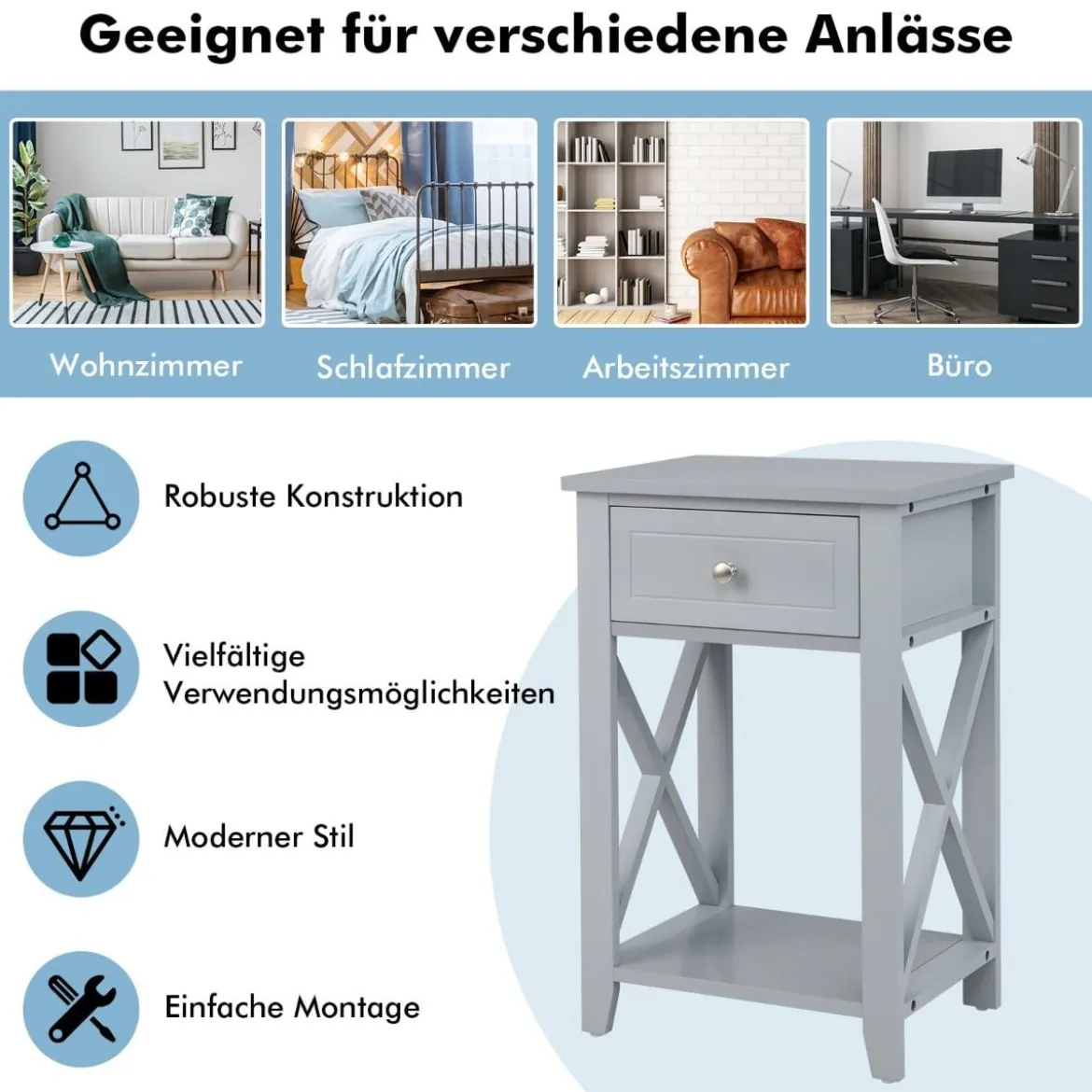 2er Set X-förmiger Nachttisch mit Schublade & Unterem Ablagefach Moderner Beistelltisch Grau