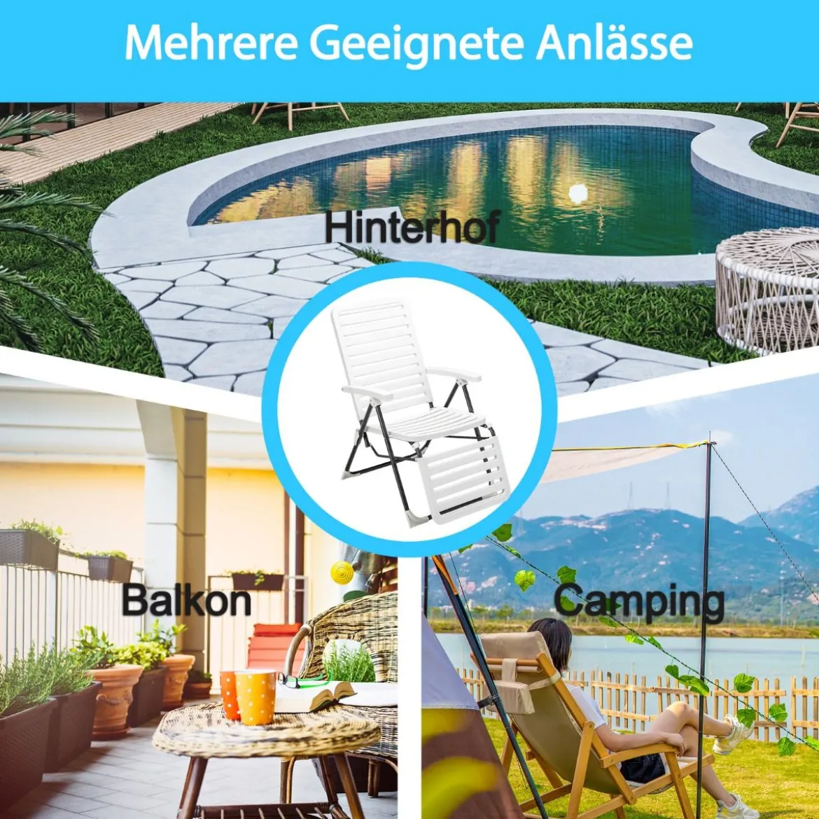 2er Terrassenliegestuhl mit Fußstütze Klappbarer Liegestuhl Weiß