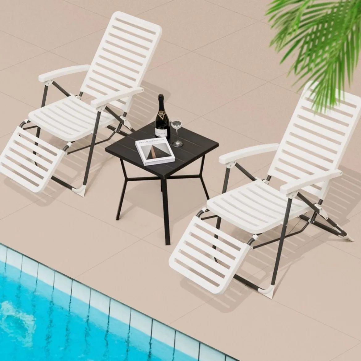 2er Terrassenliegestuhl mit Fußstütze Klappbarer Liegestuhl Weiß