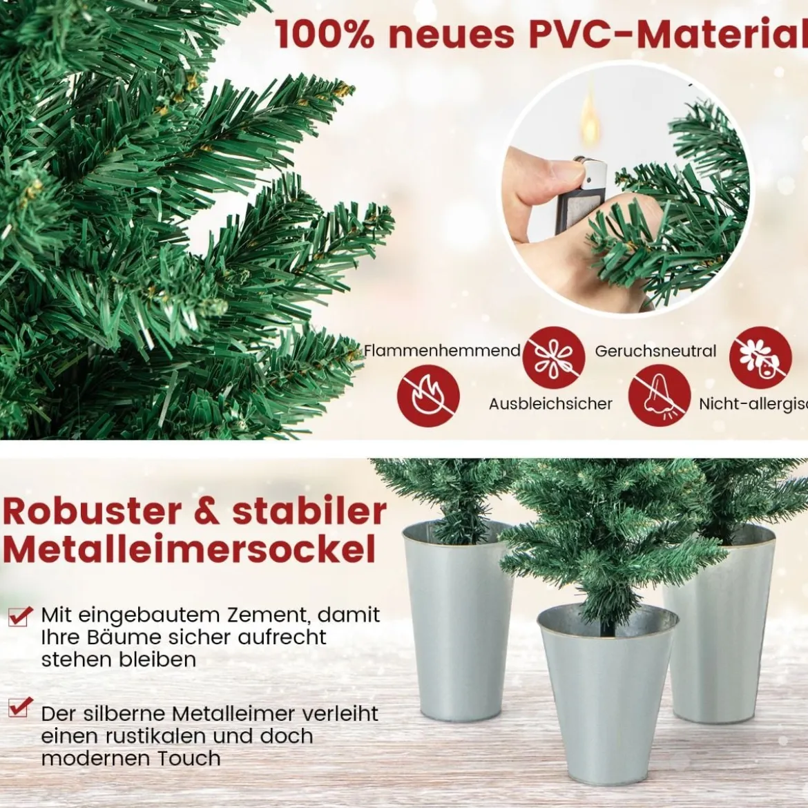 3er Weihnachtsbaum Künstlich Bleistift mit Sockel aus Metall Kunstbaum 90 + 120 + 150 cm Grün
