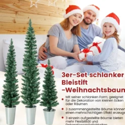 3er Weihnachtsbaum Künstlich Bleistift mit Sockel aus Metall Kunstbaum 90 + 120 + 150 cm Grün