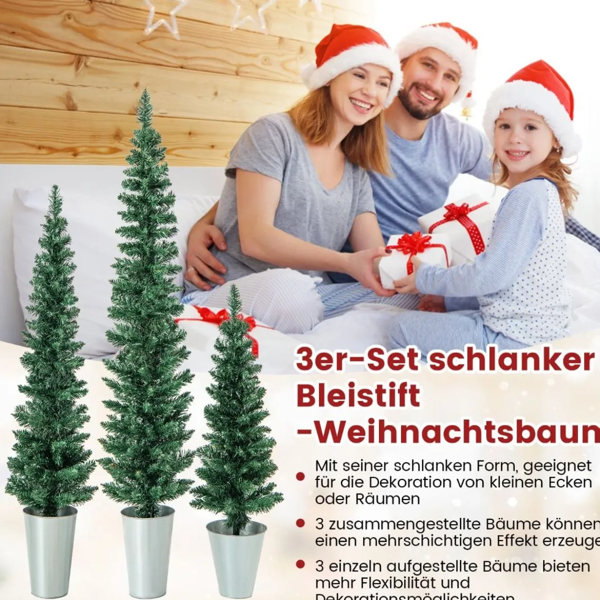3er Weihnachtsbaum Künstlich Bleistift mit Sockel aus Metall Kunstbaum 90 + 120 + 150 cm Grün
