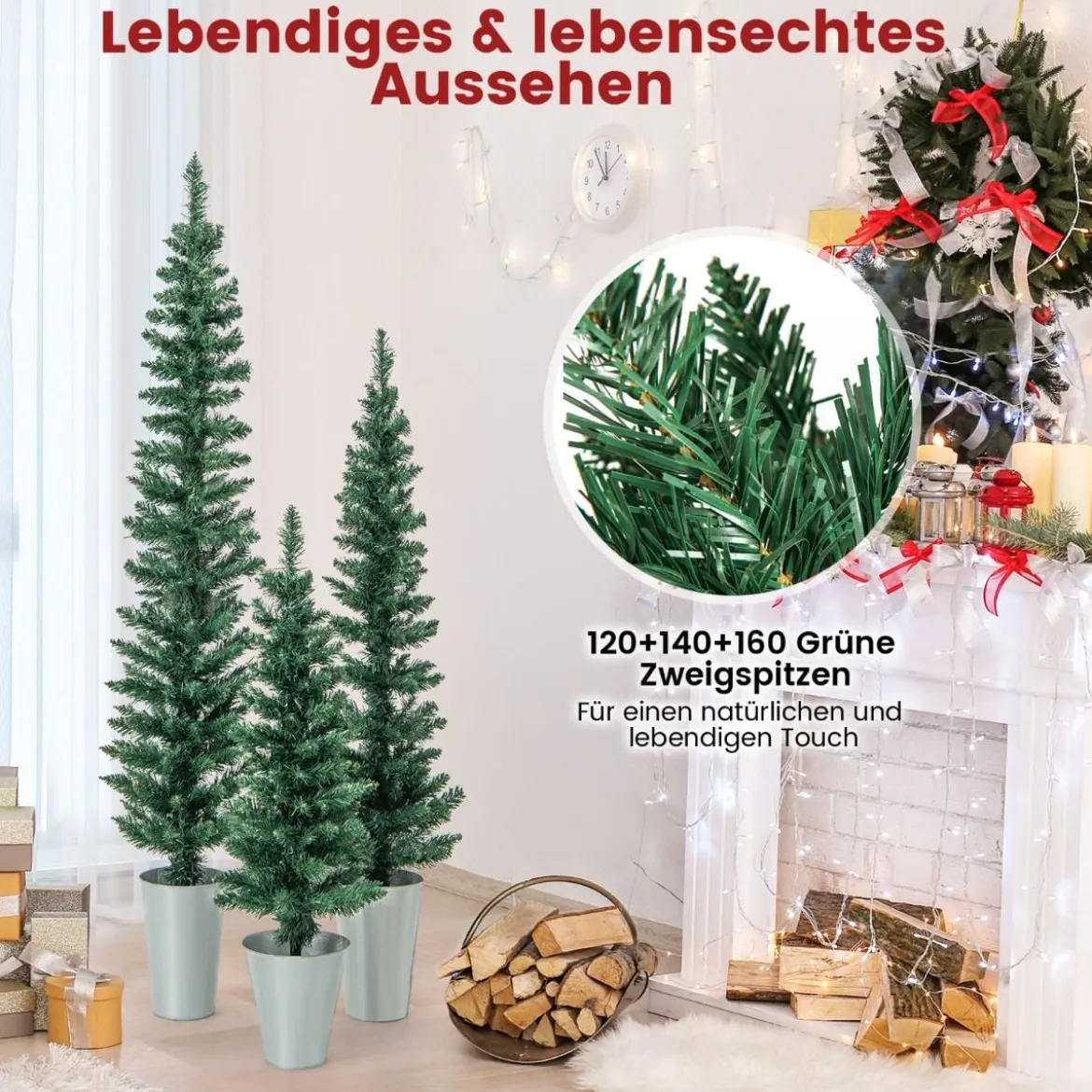 3er Weihnachtsbaum Künstlich Bleistift mit Sockel aus Metall Kunstbaum 90 + 120 + 150 cm Grün