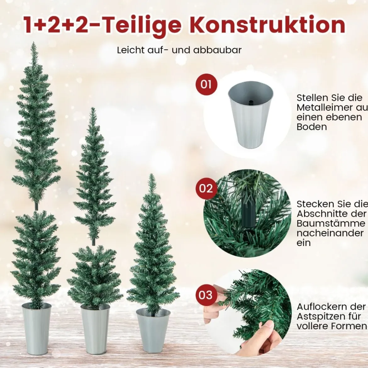 3er Weihnachtsbaum Künstlich Bleistift mit Sockel aus Metall Kunstbaum 90 + 120 + 150 cm Grün