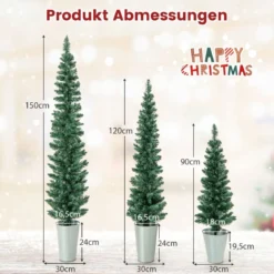 3er Weihnachtsbaum Künstlich Bleistift mit Sockel aus Metall Kunstbaum 90 + 120 + 150 cm Grün