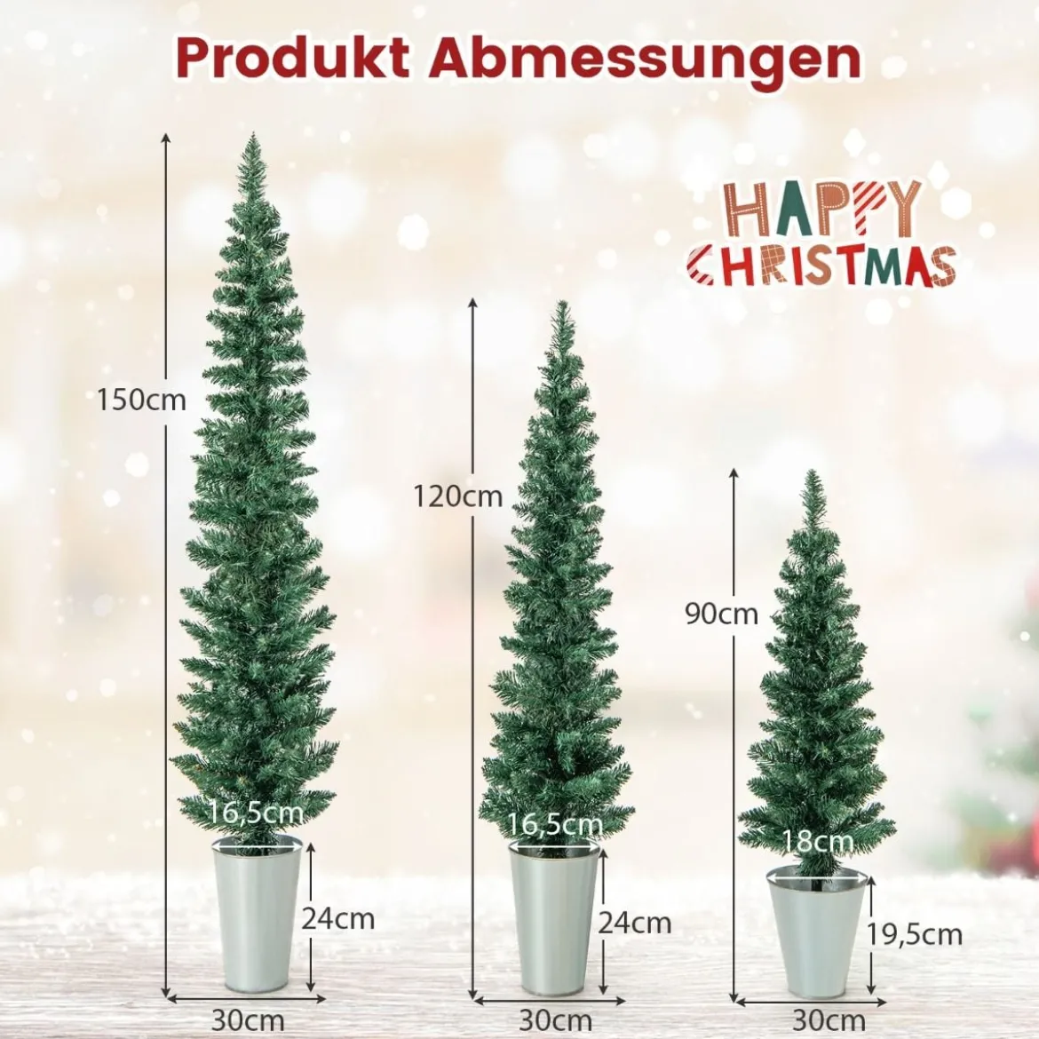 3er Weihnachtsbaum Künstlich Bleistift mit Sockel aus Metall Kunstbaum 90 + 120 + 150 cm Grün