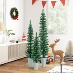 3er Weihnachtsbaum Künstlich Bleistift mit Sockel aus Metall Kunstbaum 90 + 120 + 150 cm Grün