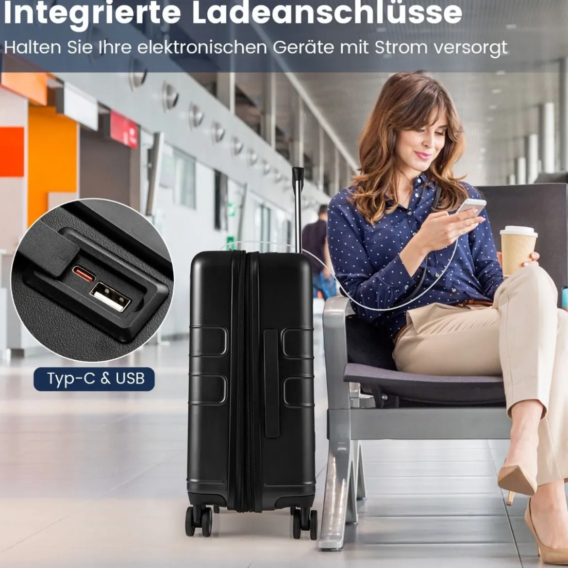 Erweiterbarer Reisekoffer leichter PC-Hartschalenkoffer mit Frontfach 20 Zoll Flugzeugtaugliches Rollgepäck Schwarz