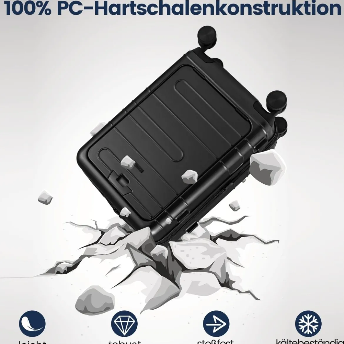 Erweiterbarer Reisekoffer leichter PC-Hartschalenkoffer mit Frontfach 20 Zoll Flugzeugtaugliches Rollgepäck Schwarz