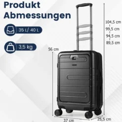 Erweiterbarer Reisekoffer leichter PC-Hartschalenkoffer mit Frontfach 20 Zoll Flugzeugtaugliches Rollgepäck Schwarz