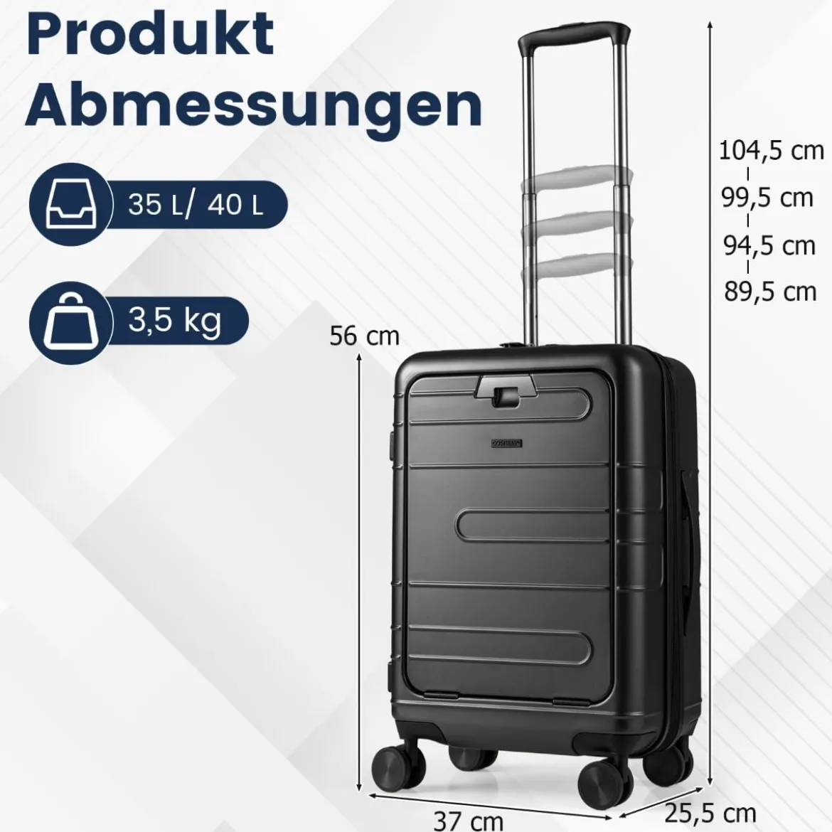 Erweiterbarer Reisekoffer leichter PC-Hartschalenkoffer mit Frontfach 20 Zoll Flugzeugtaugliches Rollgepäck Schwarz