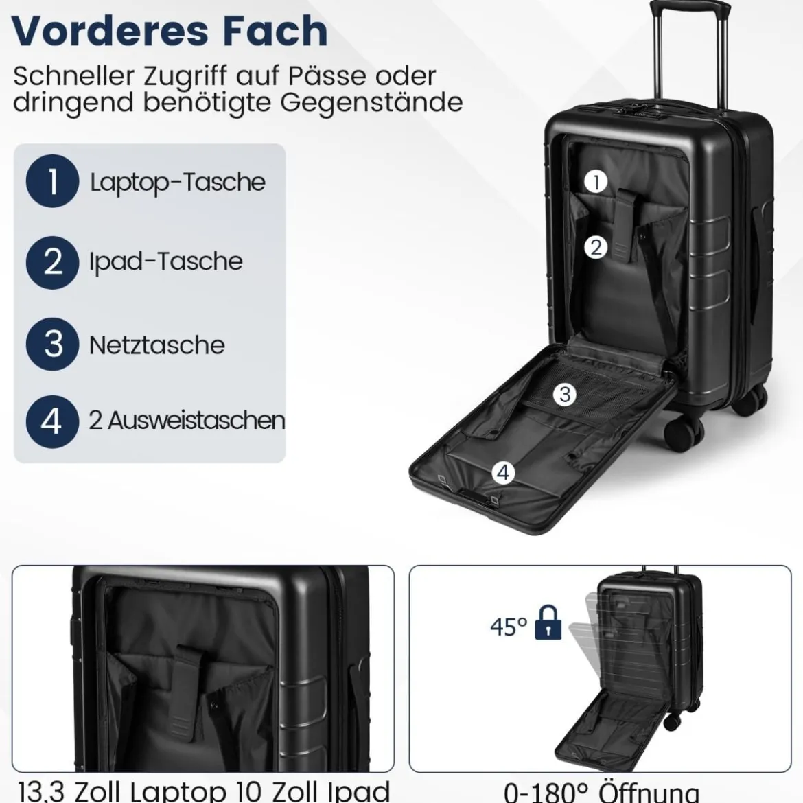 Erweiterbarer Reisekoffer leichter PC-Hartschalenkoffer mit Frontfach 20 Zoll Flugzeugtaugliches Rollgepäck Schwarz