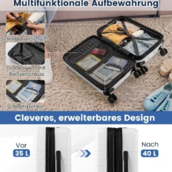 Erweiterbarer Reisekoffer leichter PC-Hartschalenkoffer 20 Zoll Flugzeugtaugliches Rollgepäck Weiß