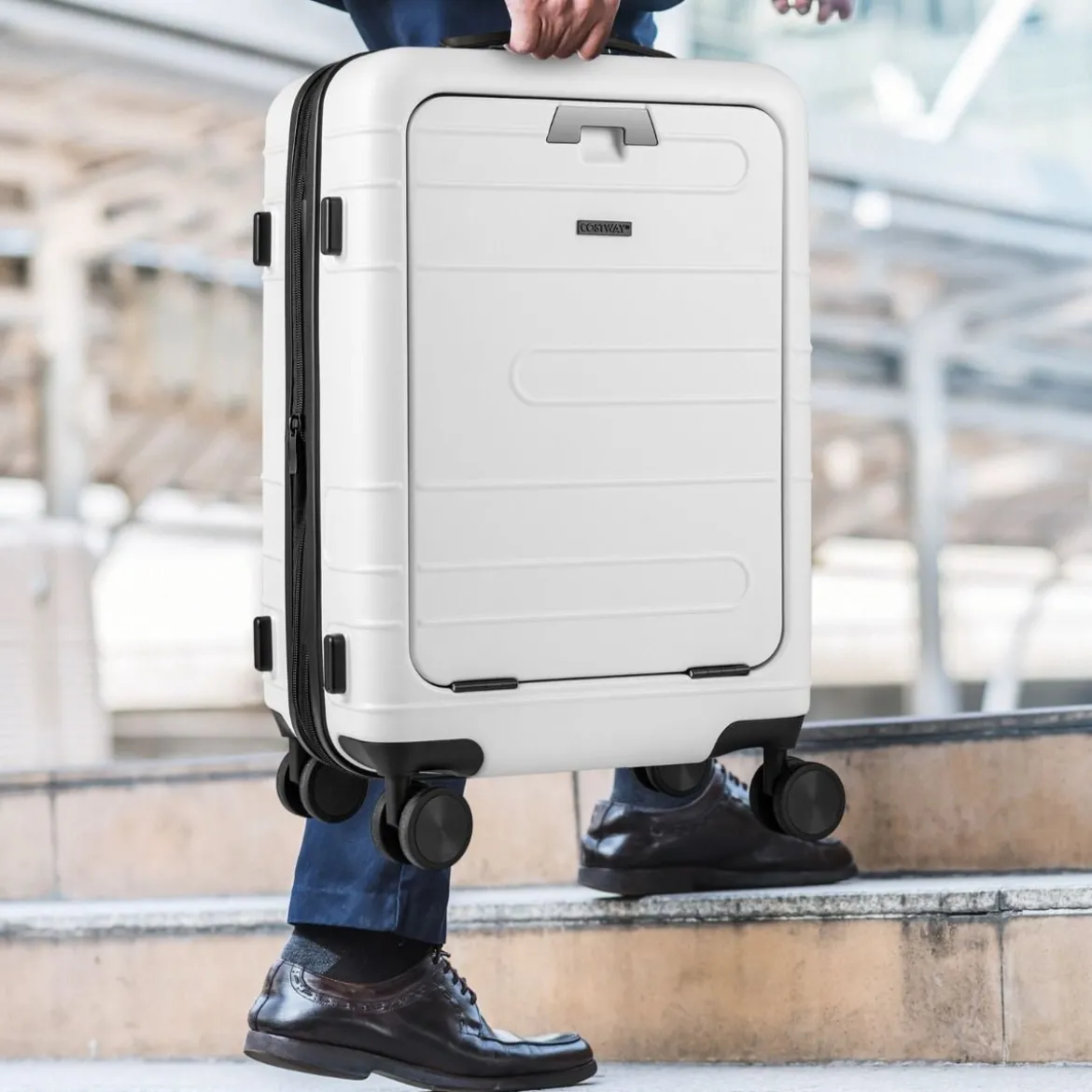 Erweiterbarer Reisekoffer leichter PC-Hartschalenkoffer 20 Zoll Flugzeugtaugliches Rollgepäck Weiß