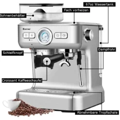 Espresso Maschine Automatische Kaffeemaschine Siebträgermaschine Siebträger 2L Wassertank Silber