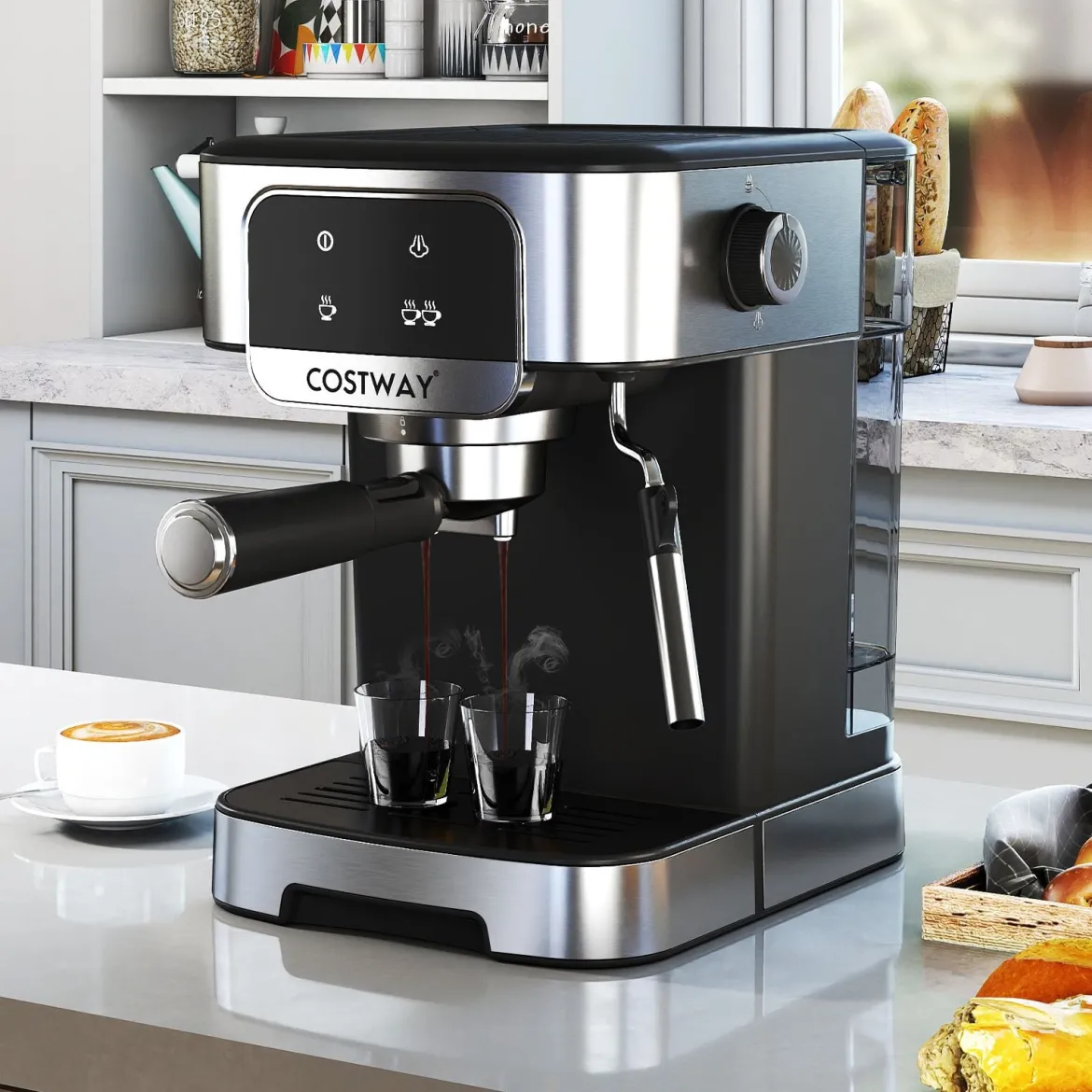 Espressomaschine 20 Bar 1200 W Espressokocher mit Dampf-Milchaufschäumer 18 L abnehmbarer Wassertank Schwarz