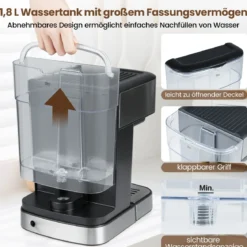 Espressomaschine 20 Bar 1200 W Espressokocher mit Dampf-Milchaufschäumer 18 L abnehmbarer Wassertank Schwarz