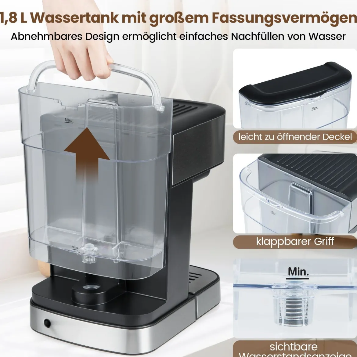 Espressomaschine 20 Bar 1200 W Espressokocher mit Dampf-Milchaufschäumer 18 L abnehmbarer Wassertank Schwarz