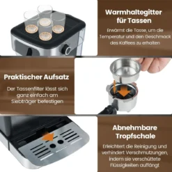 Espressomaschine 20 Bar 1200 W Espressokocher mit Dampf-Milchaufschäumer 18 L abnehmbarer Wassertank Schwarz