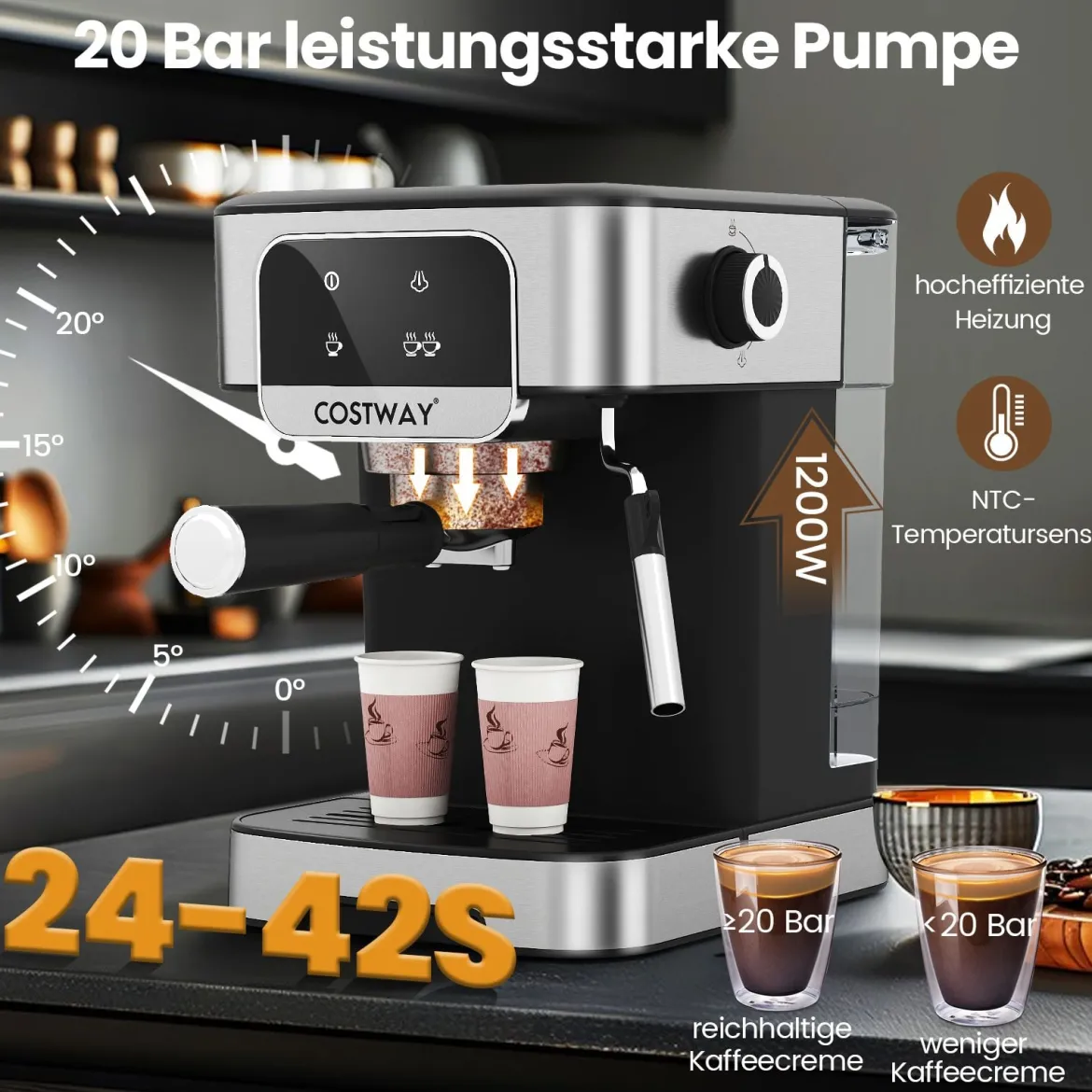 Espressomaschine 20 Bar 1200 W Espressokocher mit Dampf-Milchaufschäumer 18 L abnehmbarer Wassertank Schwarz