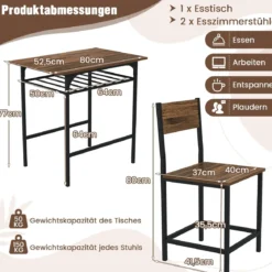 Essgruppe für 2 3-teiliges rechteckiges Tisch- und Stuhlset aus Holz mit Metallrahmen Braun