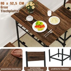 Essgruppe für 2 3-teiliges rechteckiges Tisch- und Stuhlset aus Holz mit Metallrahmen Braun