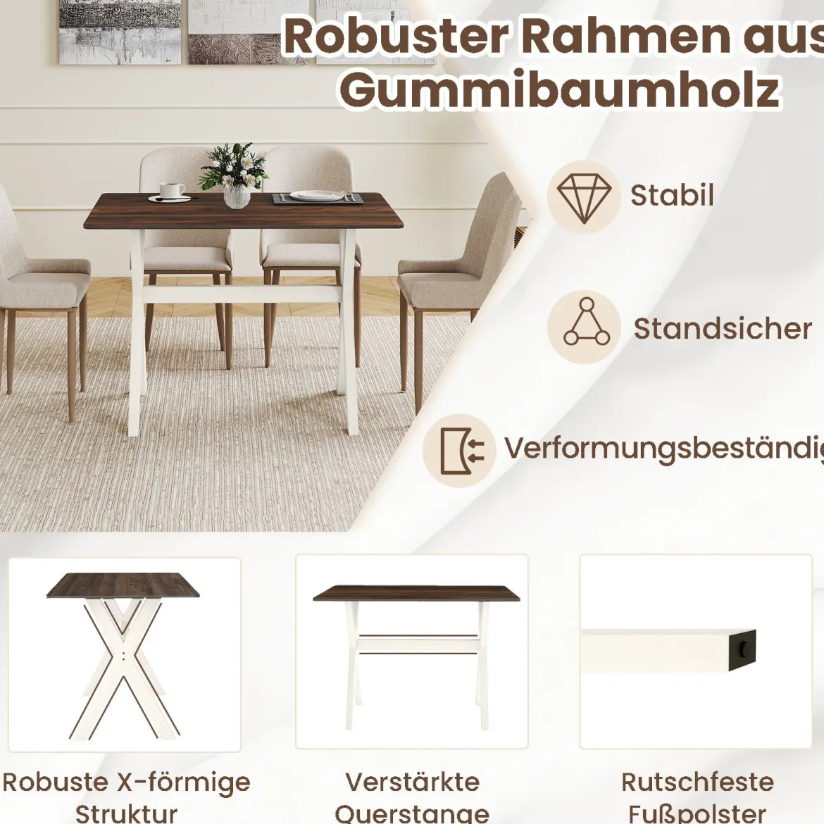Esstisch Holztisch mit X-förmigem Gestell für kleine Räume Akzent-Beistelltisch mit Holzmaserungstextur Tischplatte Nuss