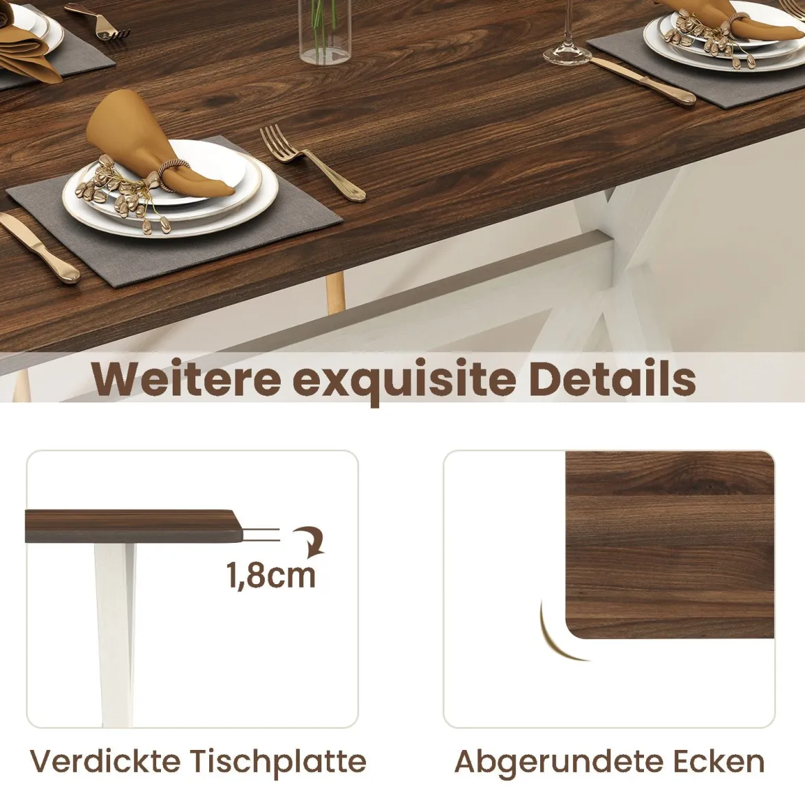 Esstisch Holztisch mit X-förmigem Gestell für kleine Räume Akzent-Beistelltisch mit Holzmaserungstextur Tischplatte Nuss