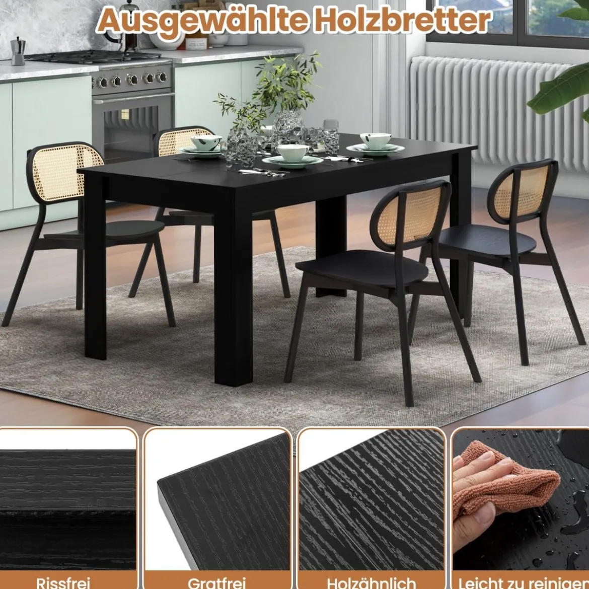 Esstisch Holz 160 x 80 cm großer Tisch rechteckiger Küchentisch Speisetisch Natur/Schwarz