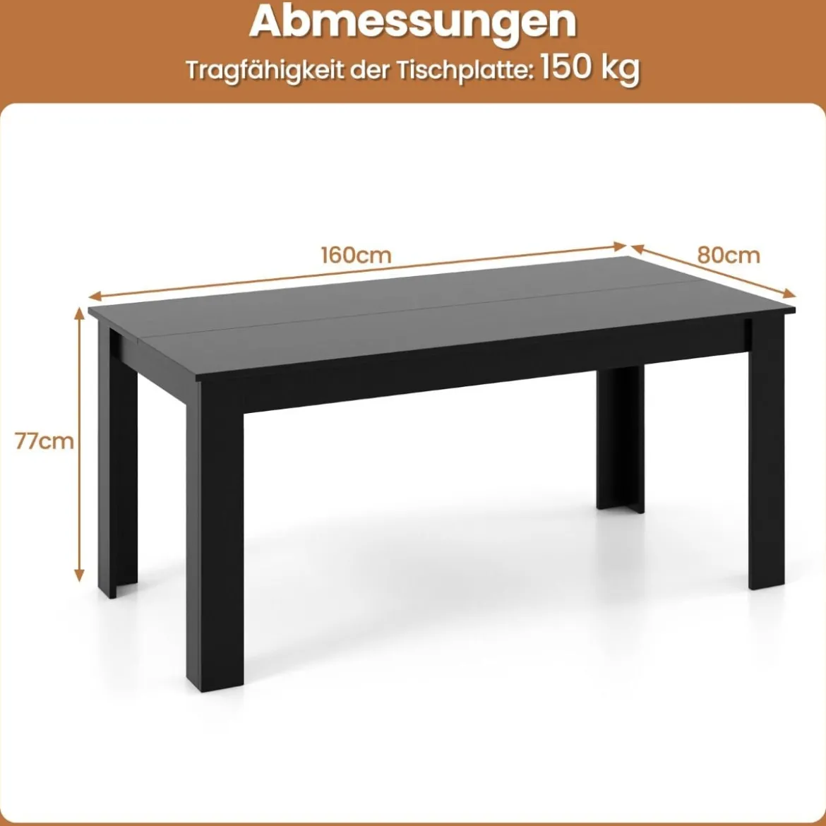 Esstisch Holz 160 x 80 cm großer Tisch rechteckiger Küchentisch Speisetisch Natur/Schwarz