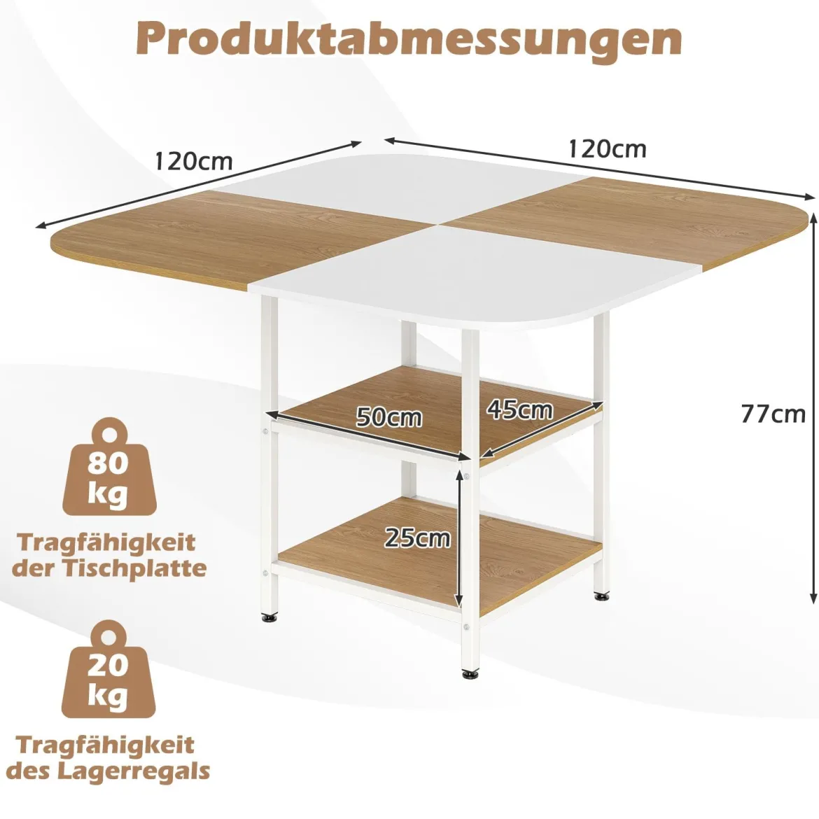 Esstisch Küchentisch mit 2 Ablagen quadratischer Esszimmertisch für 4 Personen für Esszimmer 120 x 120 x 77 cm