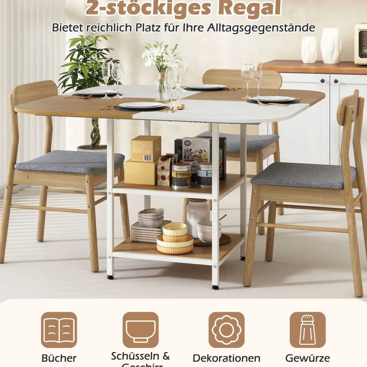 Esstisch Küchentisch mit 2 Ablagen quadratischer Esszimmertisch für 4 Personen für Esszimmer 120 x 120 x 77 cm