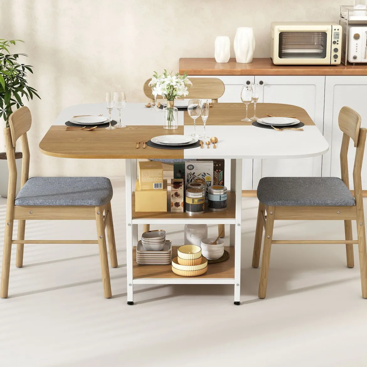 Esstisch Küchentisch mit 2 Ablagen quadratischer Esszimmertisch für 4 Personen für Esszimmer 120 x 120 x 77 cm