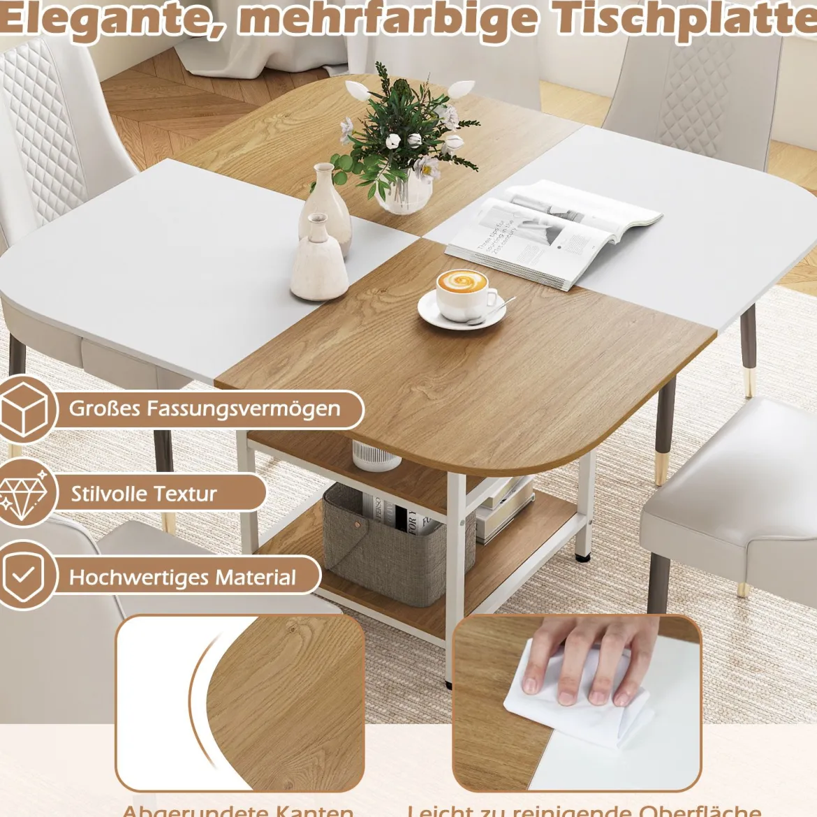 Esstisch Küchentisch mit 2 Ablagen quadratischer Esszimmertisch für 4 Personen für Esszimmer 120 x 120 x 77 cm