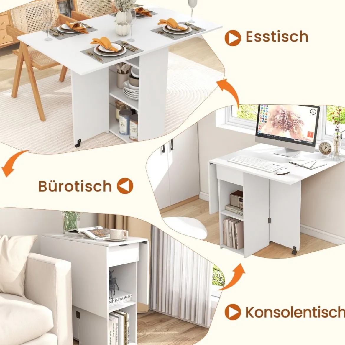 Esstisch klappbar mit 2 Rädern mobiler Klapptisch Esszimmertisch mit 2-stufiger Ablagefläche und Schublade Weiß