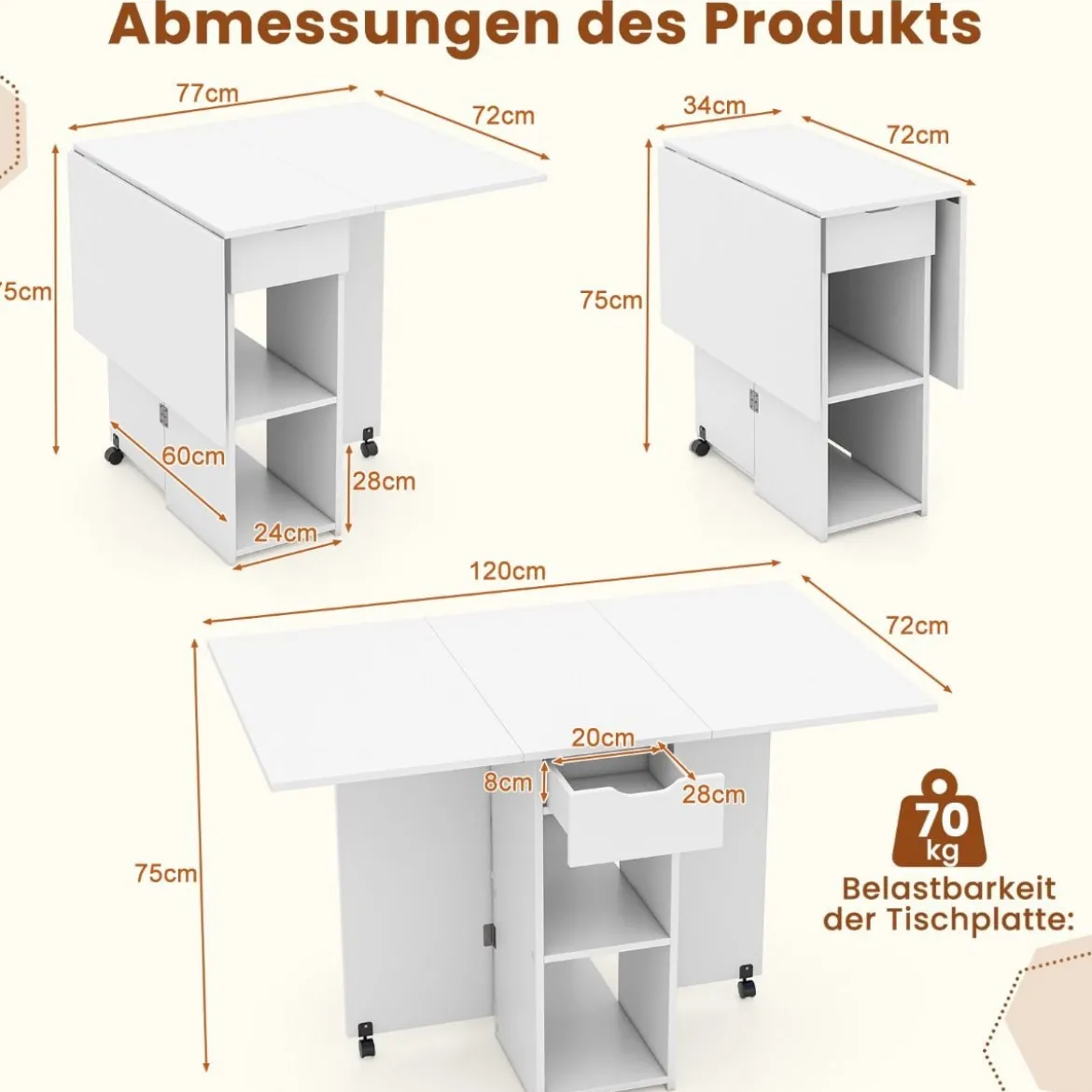 Esstisch klappbar mit 2 Rädern mobiler Klapptisch Esszimmertisch mit 2-stufiger Ablagefläche und Schublade Weiß