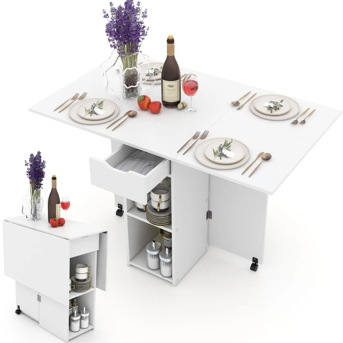 Esstisch klappbar mit 2 Rädern mobiler Klapptisch Esszimmertisch mit 2-stufiger Ablagefläche und Schublade Weiß