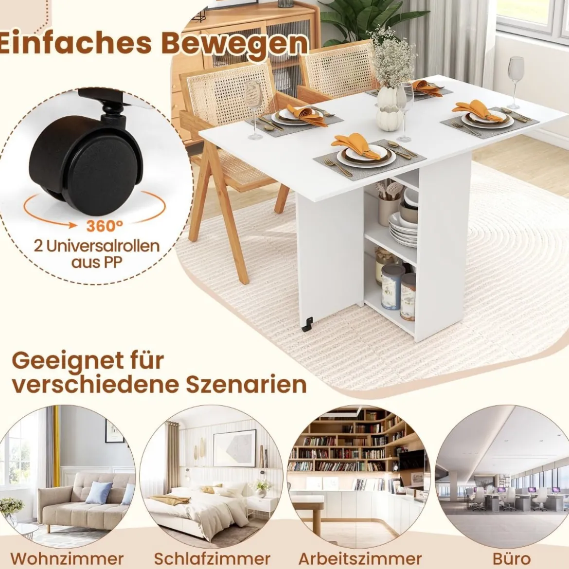 Esstisch klappbar mit 2 Rädern mobiler Klapptisch Esszimmertisch mit 2-stufiger Ablagefläche und Schublade Weiß