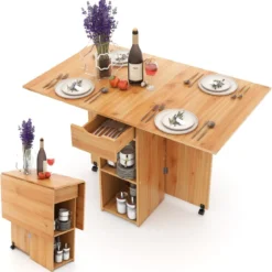 Esstisch klappbar mit 2 Rädern mobiler Klapptisch Esszimmertisch mit 2-stufiger Ablagefläche und Schublade Holz