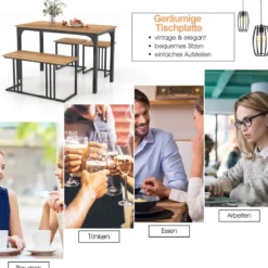 Esstisch mit Bank & 2 Hockern 4er Set Küchentisch industrielle Essgruppe für Küche 120 x 60 x 75 cm Natur/Braun