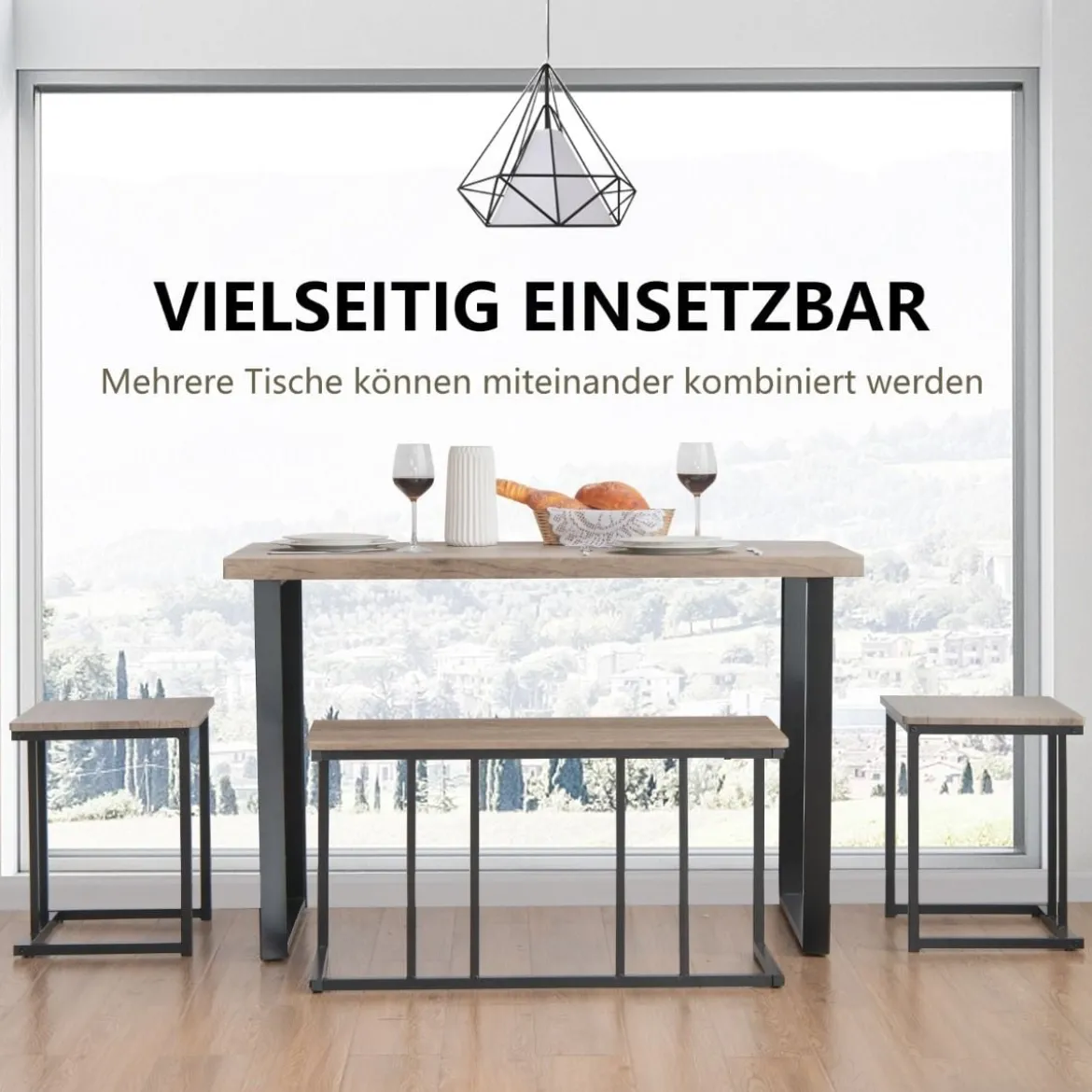 Esstisch mit Bank & 2 Hockern Industrielle Essgruppe Platzsparendes 4er-Set Küchentisch