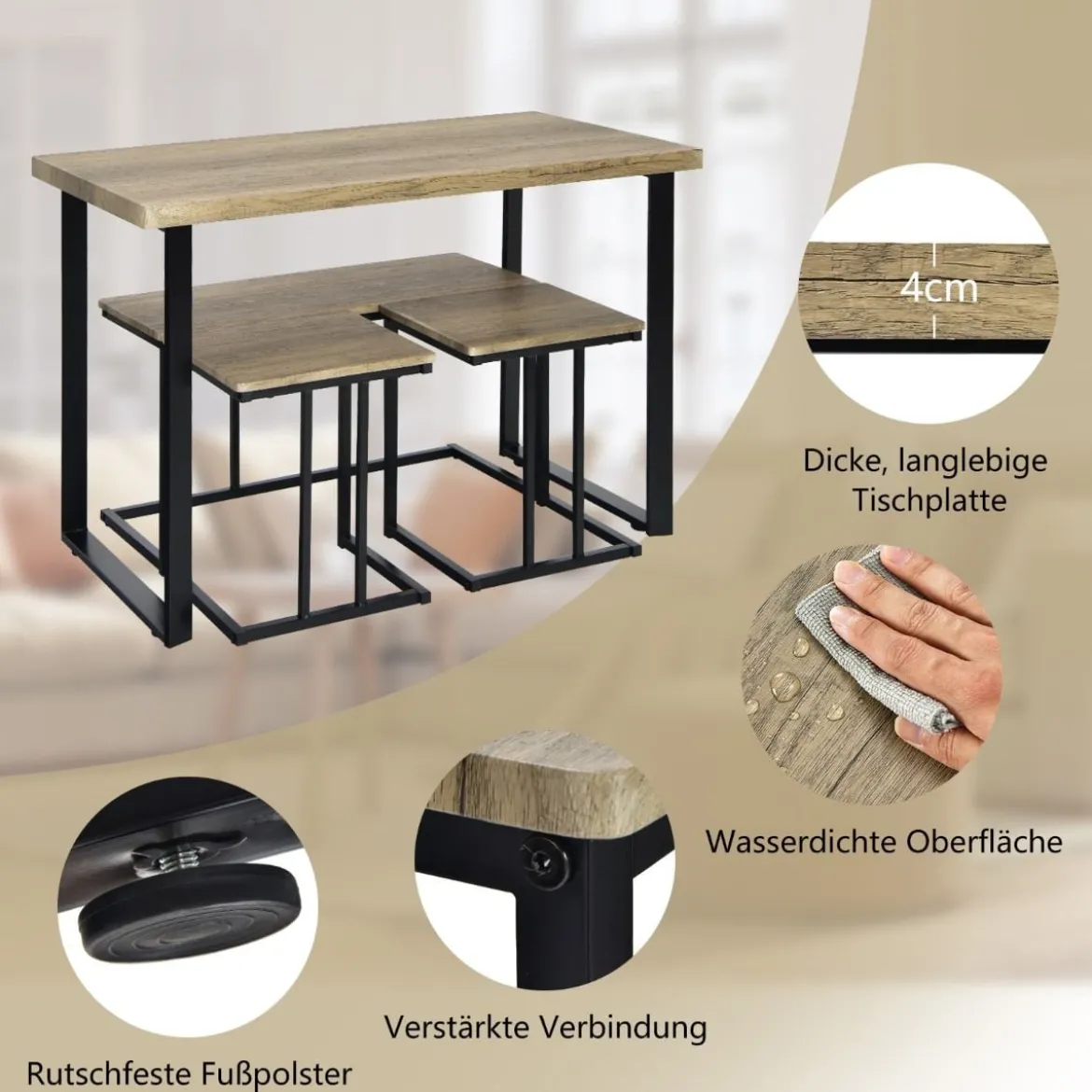 Esstisch mit Bank & 2 Hockern Industrielle Essgruppe Platzsparendes 4er-Set Küchentisch