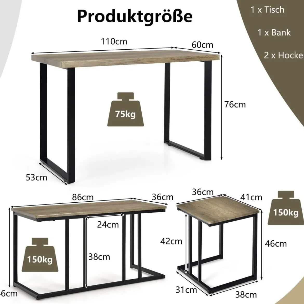 Esstisch mit Bank & 2 Hockern Industrielle Essgruppe Platzsparendes 4er-Set Küchentisch