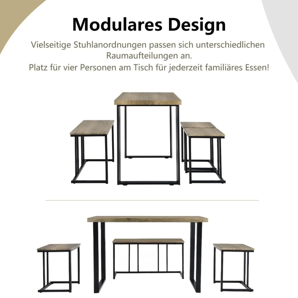Esstisch mit Bank & 2 Hockern Industrielle Essgruppe Platzsparendes 4er-Set Küchentisch