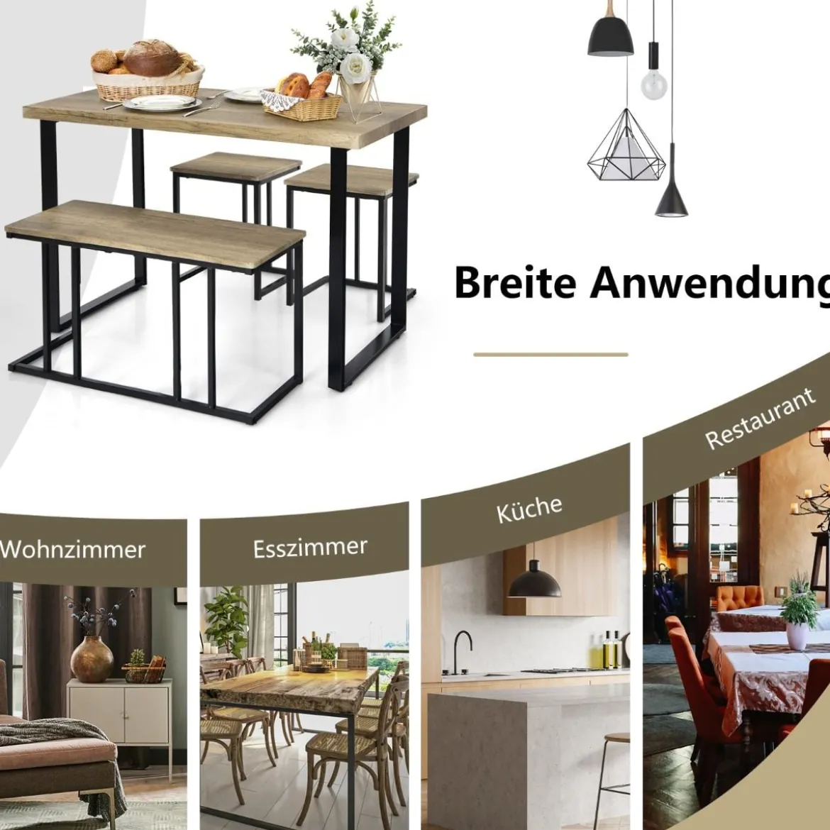 Esstisch mit Bank & 2 Hockern Industrielle Essgruppe Platzsparendes 4er-Set Küchentisch