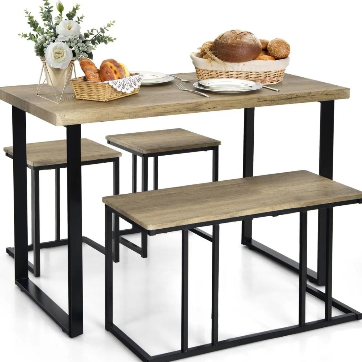 Esstisch mit Bank & 2 Hockern Industrielle Essgruppe Platzsparendes 4er-Set Küchentisch