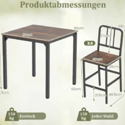 Esstisch mit 4 Barhockern Küchentisch in Thekenhöhe für 4 Personen Bartisch Set für Küche Braun